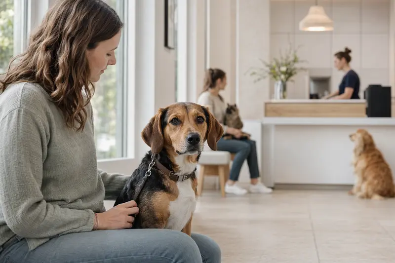 Ein Kerry Beagle sitzt ruhig neben seinem Besitzer im hellen Wartezimmer einer modernen Tierarztpraxis.